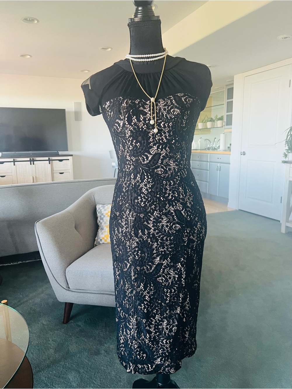 Maggy London Black Lace Midi Dress with Sheer Yoke and Pearl Pendant